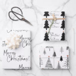 Black and White Merry Christmas Tree Name Wrapping Paper Sheet<br><div class="desc">Beautiful and elegant black and white Merry Christmas wrapping paper set is perfect for those who like a simple and minimalist aesthetic. The  Christmas trees have a tiny gold star. So pretty with the hand written script typography. Add your name or family name to personalise one sheet.</div>
