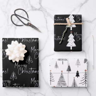 Black and White Merry Christmas Tree  Wrapping Paper Sheet