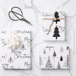Black and White Merry Christmas Tree Wrapping Paper Sheet