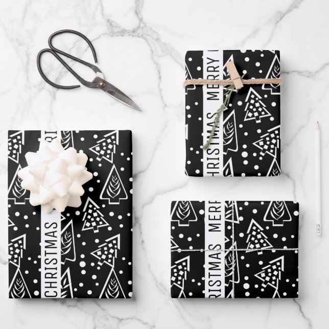 Black and white Merry Christmas trees holiday Wrapping Paper Sheet (Front)