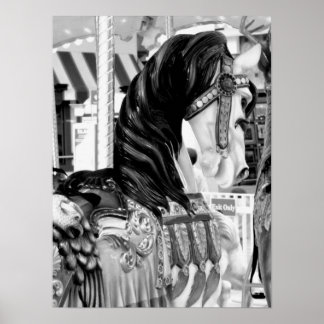 Black and White Merry-Go-Round Horse Poster