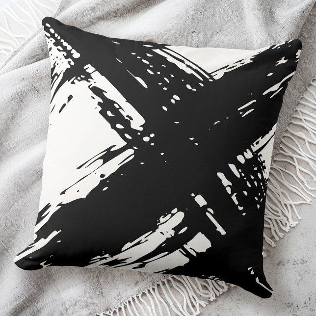 Black and white messy brushstrokes cushion (Black and white messy brushstrokes throw pillow)