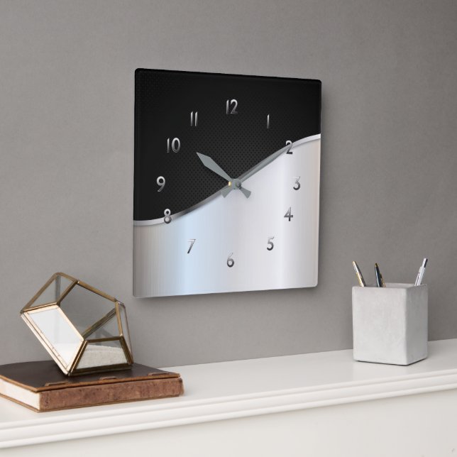 Black And White Metal Contrast Simple Shiny Silver Square Wall Clock (Office)