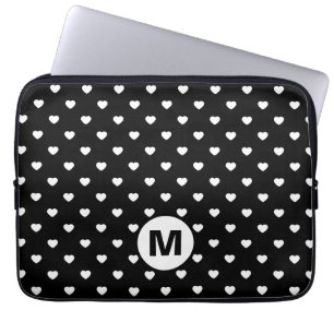 Black and White Mini Hearts Pattern Monogram Laptop Sleeve