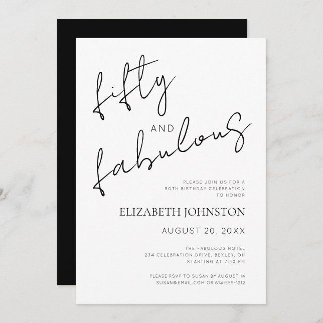 Black and White Minimal 50 and Fabulous Birthday Invitation (Front/Back)