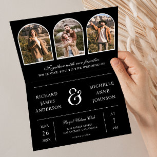 Black and White Minimal Arch Photo QR code Wedding Invitation