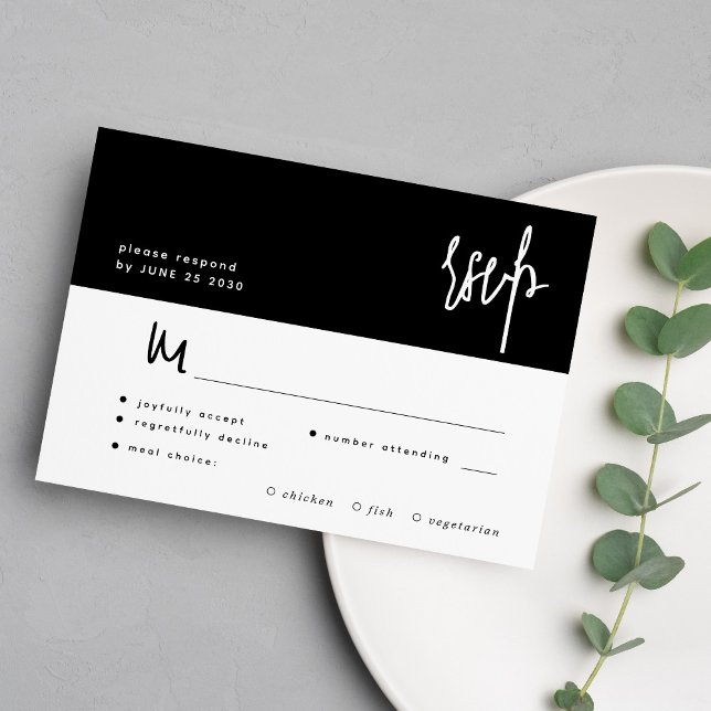 Black and white minimal script meal choice wedding RSVP card (Creator Uploaded)