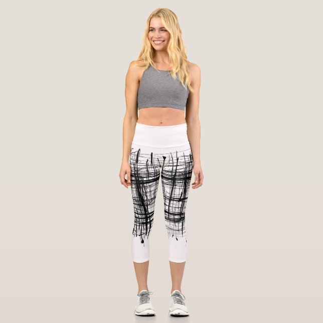 Black and White Minimalist Abstract Art Capri Leggings (Front)