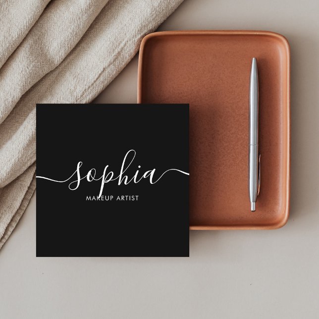 Black And White Minimalist Calligraphy Square Business Card (Creator Uploaded)