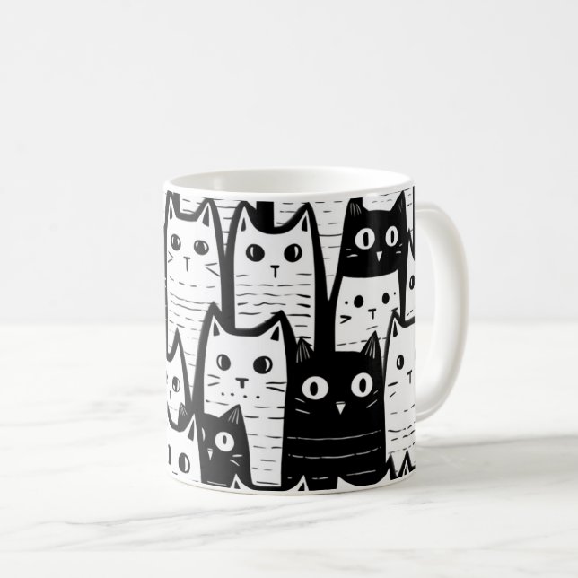 Black and White Minimalist Cat Pattern Coffee Mug (Front Right)