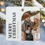 Black and White Minimalist Christmas Photo Metal Tree Decoration<br><div class="desc">Modern christmas ornament featuring a minimalist white background,  a photo template,  the seasons greetings 'merry christmas',  your family name,  and the year. The photo of the happy couple in the snow is for display purposes only and should be replaced with your own image.</div>