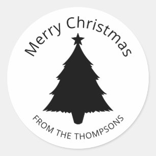 Black And White Minimalist Christmas Tree And Star Classic Round Sticker
