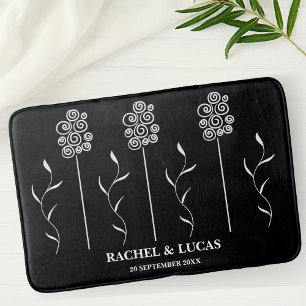 Black and White Minimalist Curly Floral Bath Mat