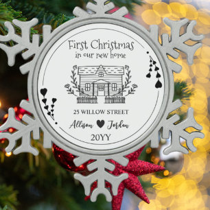 Black and White Minimalist Custom New Home Snowflake Pewter Christmas Ornament
