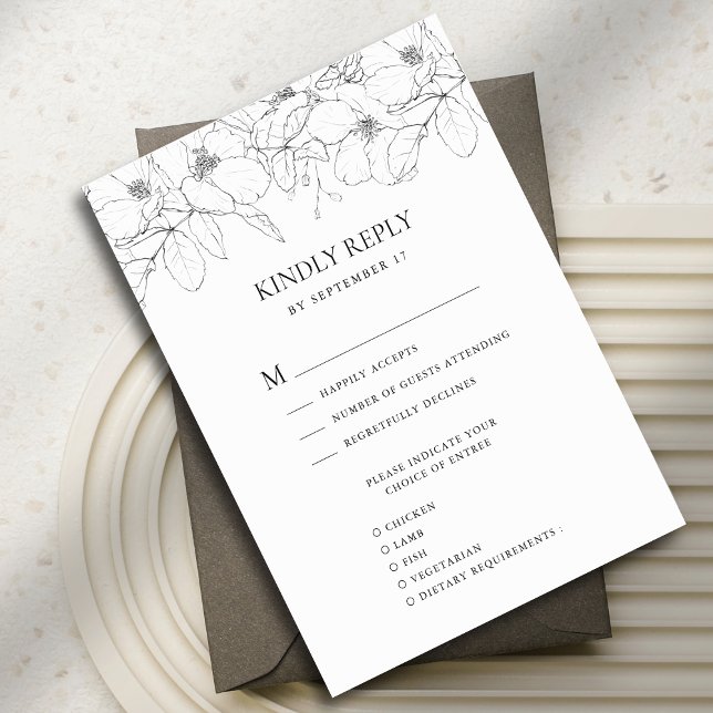 Black and White Minimalist Floral Modern Wedding RSVP Card (Creator Uploaded)