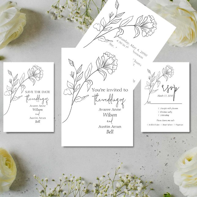 Black and White Minimalist Floral Wedding  Invitation (Creator Uploaded)