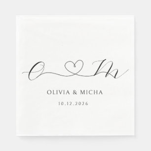 Black And White Minimalist Heart Monogram Wedding Napkin