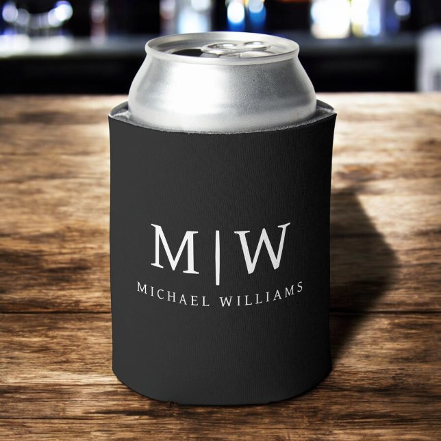 Black and White Minimalist Modern Monogram Can Cooler (Creator Uploaded)