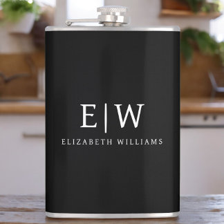 Black and White Minimalist Modern Monogram Hip Flask