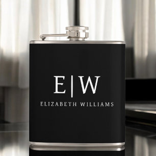 Black and White Minimalist Modern Monogram Hip Flask