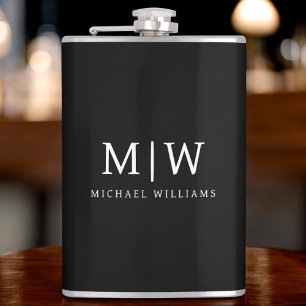 Black and White Minimalist Modern Monogram Hip Flask