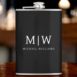 Black and White Minimalist Modern Monogram Hip Flask