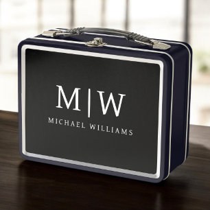 Black and White Minimalist Modern Monogram Metal Lunch Box