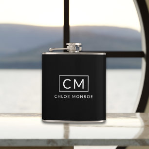Black and White Minimalist Modern Monogram Name Hip Flask