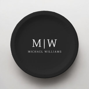 Black and White Minimalist Modern Monogram Paper Plate