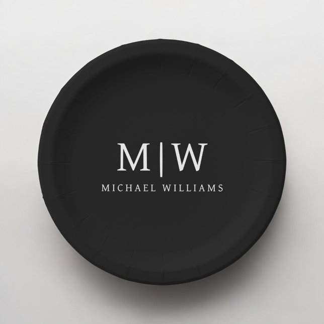 Black and White Minimalist Modern Monogram Paper Plate (Creator Uploaded)