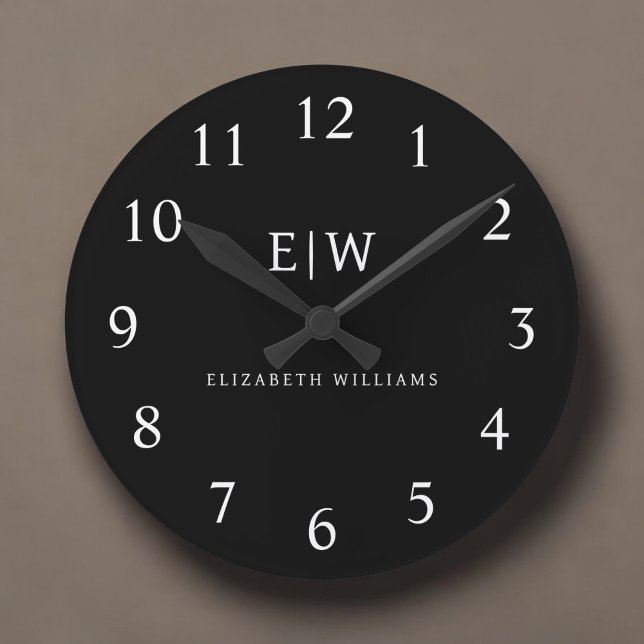 Black and White Minimalist Modern Monogram Round Clock (Creator Uploaded)