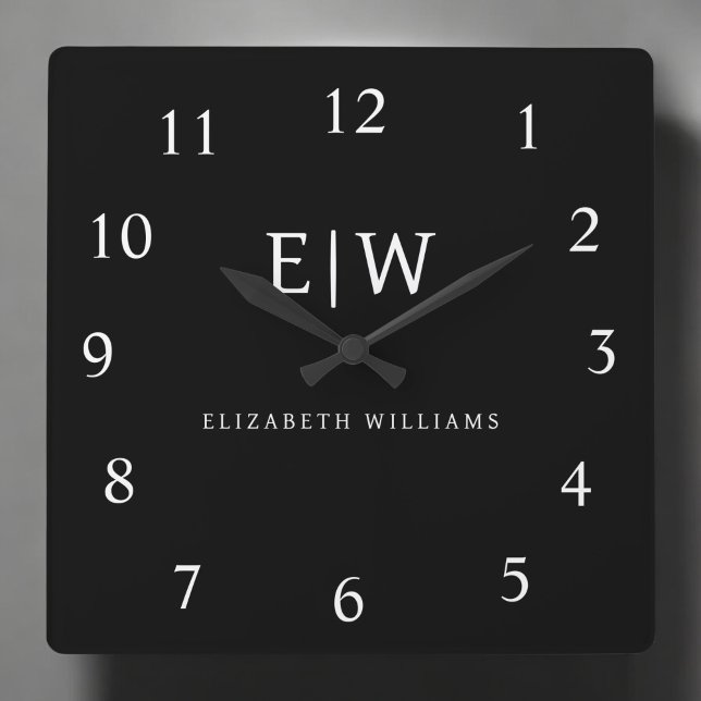 Black and White Minimalist Modern Monogram Square Wall Clock (Creator Uploaded)