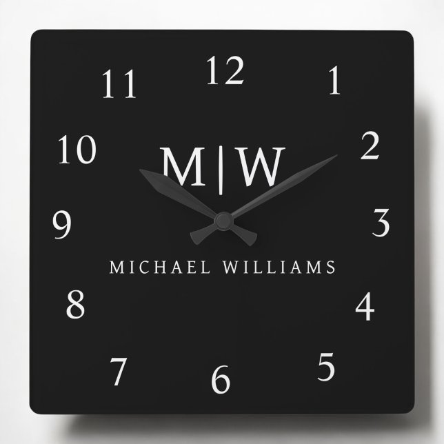 Black and White Minimalist Modern Monogram Square Wall Clock (Creator Uploaded)