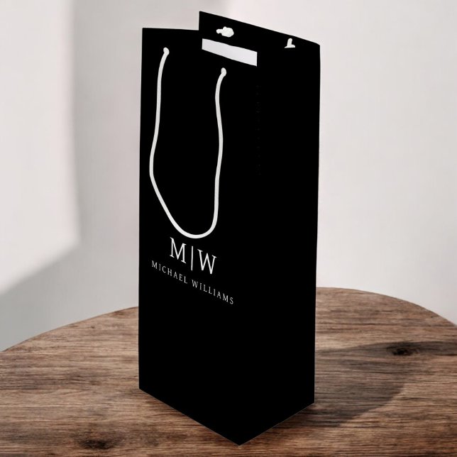 Black and White Minimalist Modern Monogram Wine Gift Bag (Creator Uploaded)