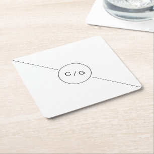 Black and white minimalist modern wedding monogram square paper coaster