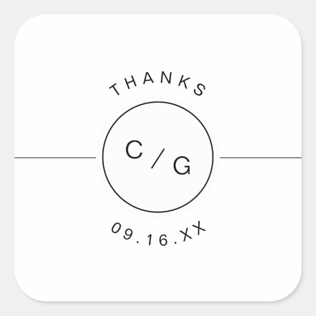 Black and white minimalist modern wedding monogram square sticker (Front)