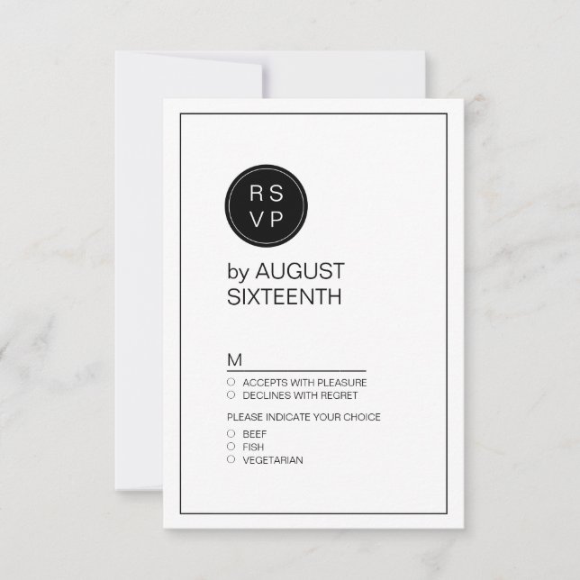 Black and white minimalist modern wedding RSVP (Front)