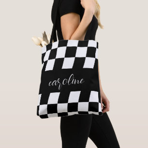 Black and White Minimalist Monogram Chequered Tote
