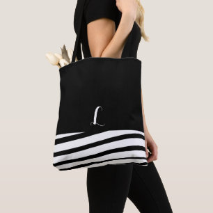 Black and White Minimalist Monogram Striped Tote Bag