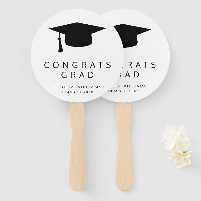 Black and White Minimalist Mortar Board Graduation Hand Fan (Front and Back)
