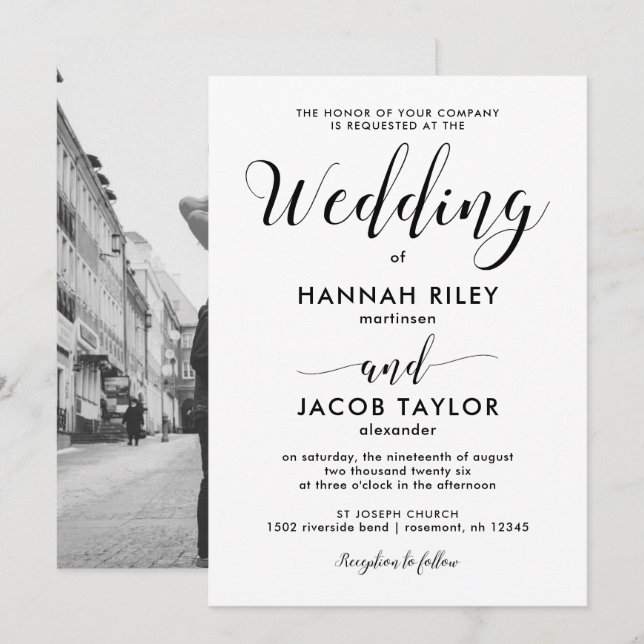 Black and White Minimalist Photo Wedding Invitation (Front/Back)