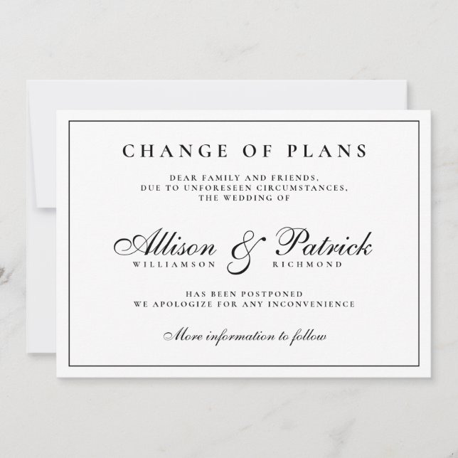 Black and White Minimalist Postpone Wedding Announcement (Front)