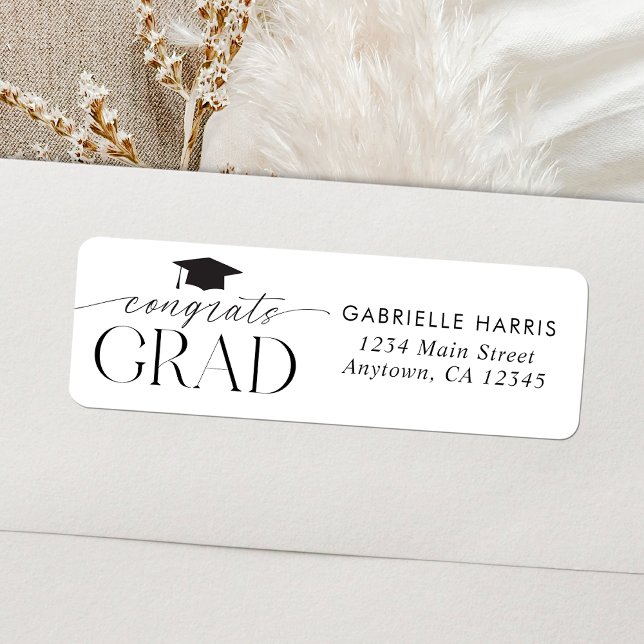 Black and White Minimalist Script Graduation (Black and White Minimalist Script | Graduation Return Address Label)