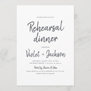 Black and white minimalist script rehearsal dinner invitation