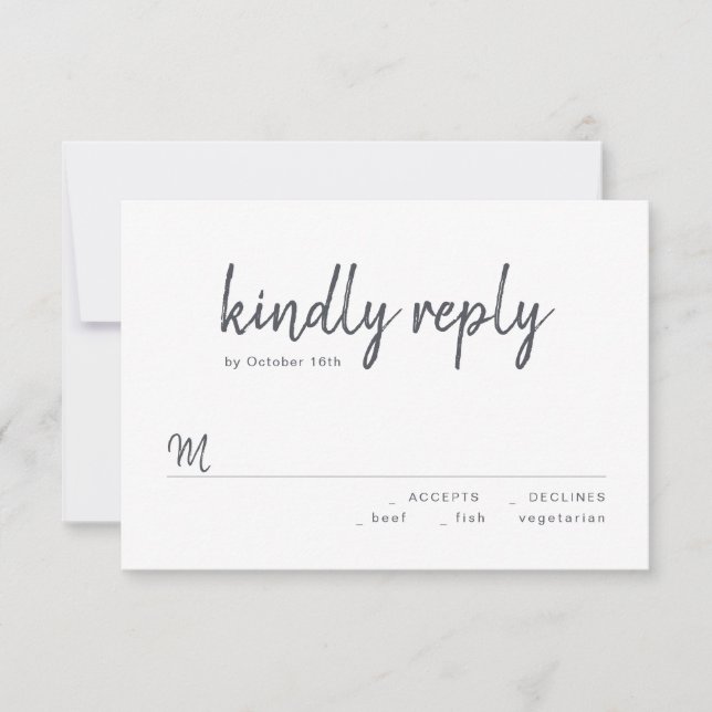 Black and white minimalist script wedding RSVP Card (Front)