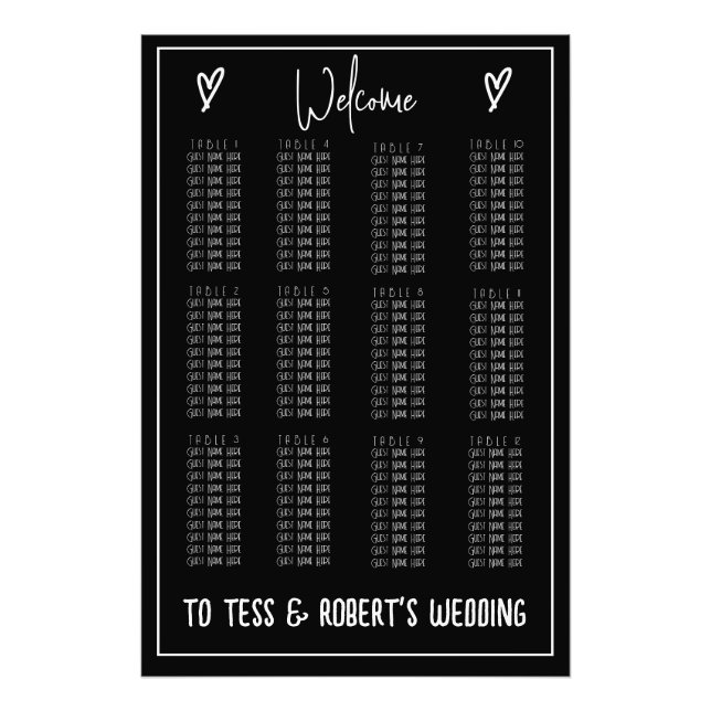 Black and White Minimalist Seating Chart Print (Front)