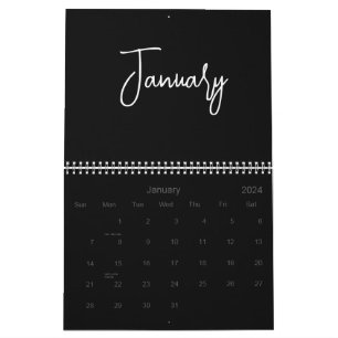 Black and White Minimalist Simple Script Any Year Calendar