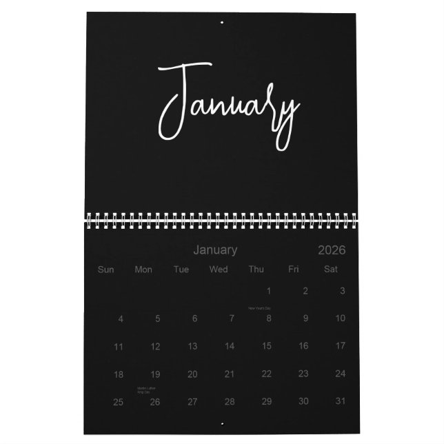 Black and White Minimalist Simple Script Any Year Calendar (Jan 2026)