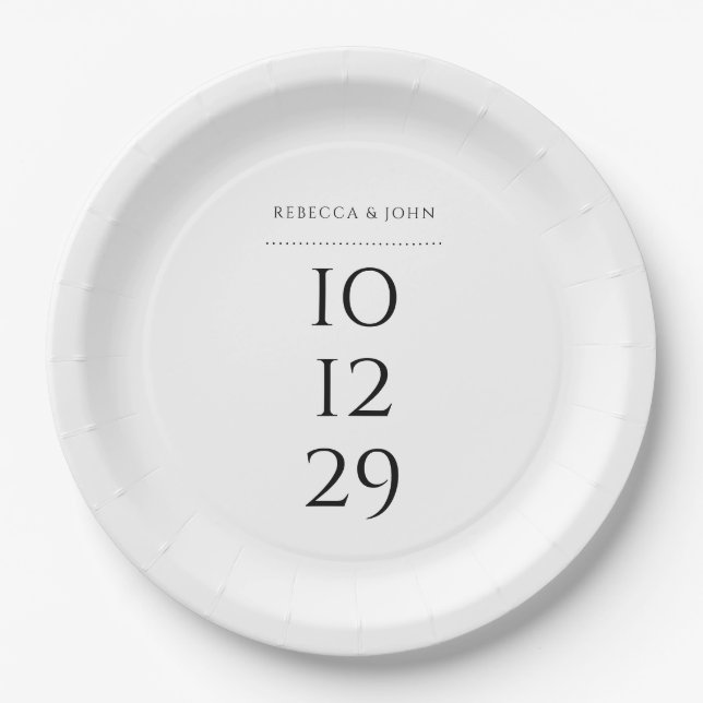Black And White Minimalist Special Date Wedding Paper Plate (Front)