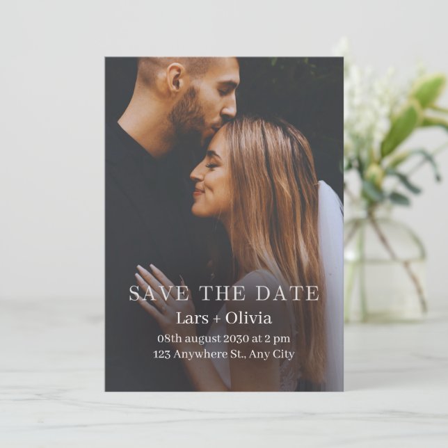 Black And White Minimalist Stylish Photo Save The Date (Standing Front)
